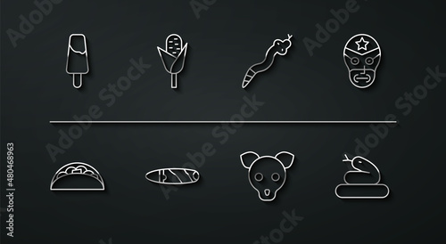 Set line Popsicle ice cream, Taco with tortilla, Mexican wrestler, Dog, Cigar, Corn, Snake and icon. Vector