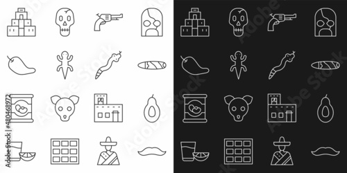 Set line Mustache, Avocado, Cigar, Revolver gun, Lizard, Hot chili pepper pod, Chichen Itza in Mayan and Snake icon. Vector