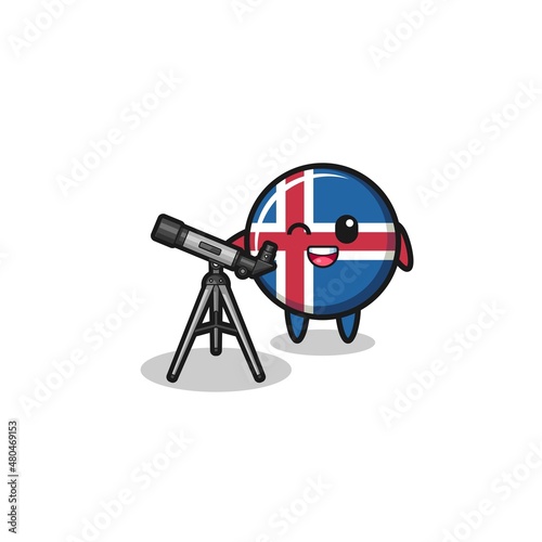 iceland flag astronomer mascot with a modern telescope