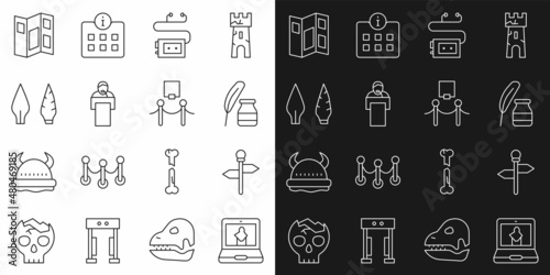 Set line Online museum, Road traffic signpost, Feather and inkwell, Museum audio guide, Gives lecture, Stone age arrow head, brochure and Picture rope barrier icon. Vector
