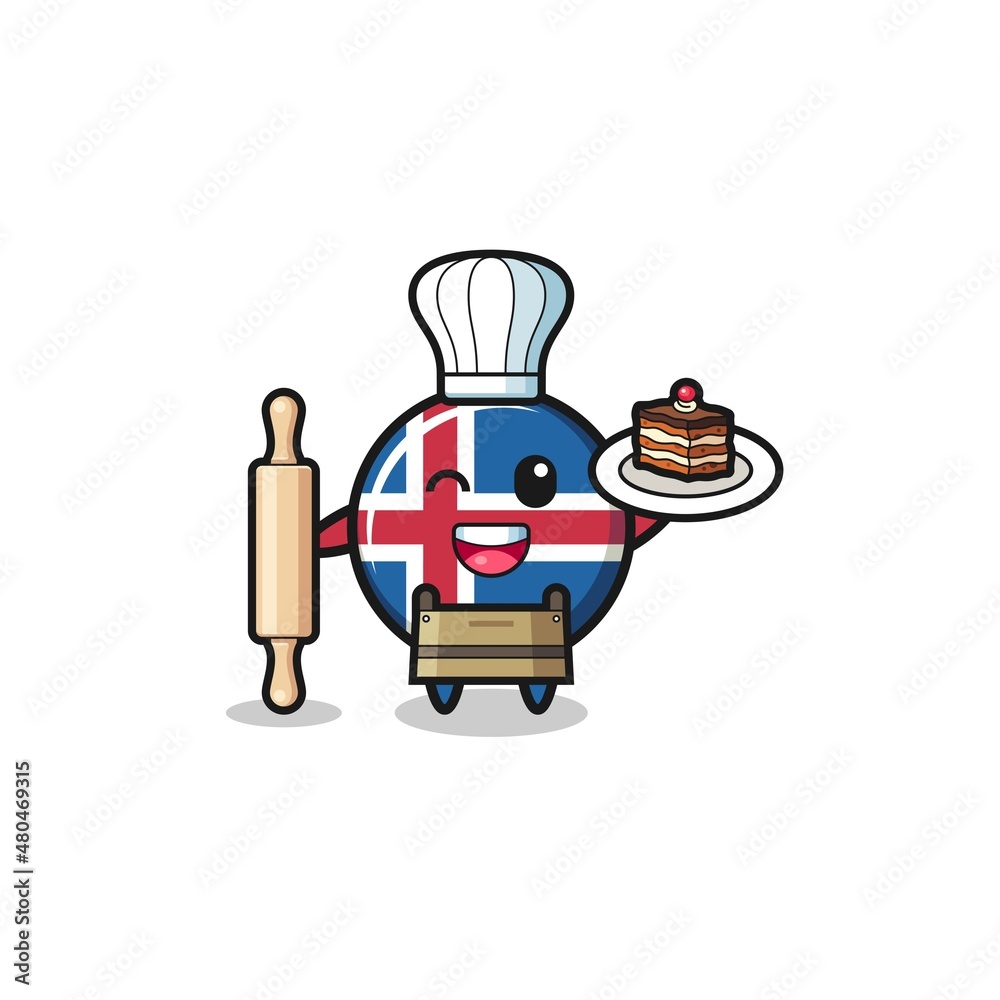 iceland flag as pastry chef mascot hold rolling pin