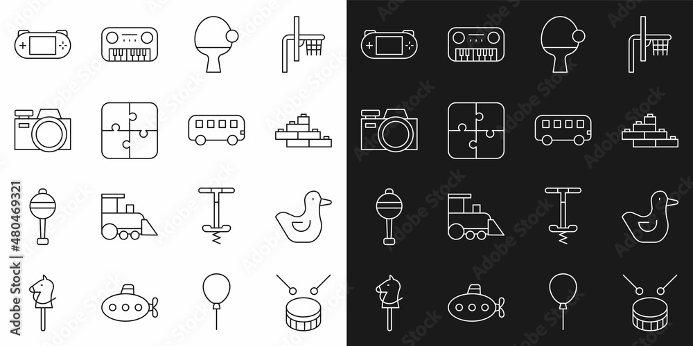 Set line Drum with drum sticks, Rubber duck, Toy building block bricks, Racket and ball, Puzzle pieces toy, Photo camera, Portable video game console and Bus icon. Vector