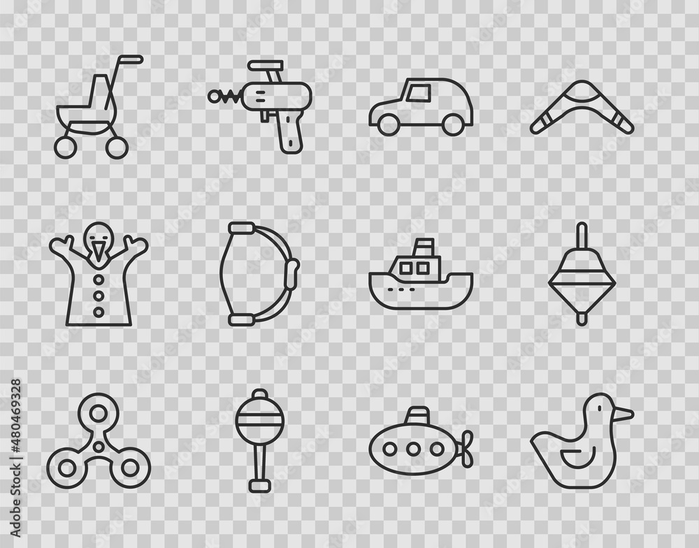 Set line Fidget spinner, Rubber duck, Toy car, Rattle baby toy, Baby stroller, Bow, Submarine and Whirligig icon. Vector Set line Fidget spinner, Rubber duck, Toy car, Rattle baby toy, Baby stroller, Bow, Submarine and Whirligig icon. Vector