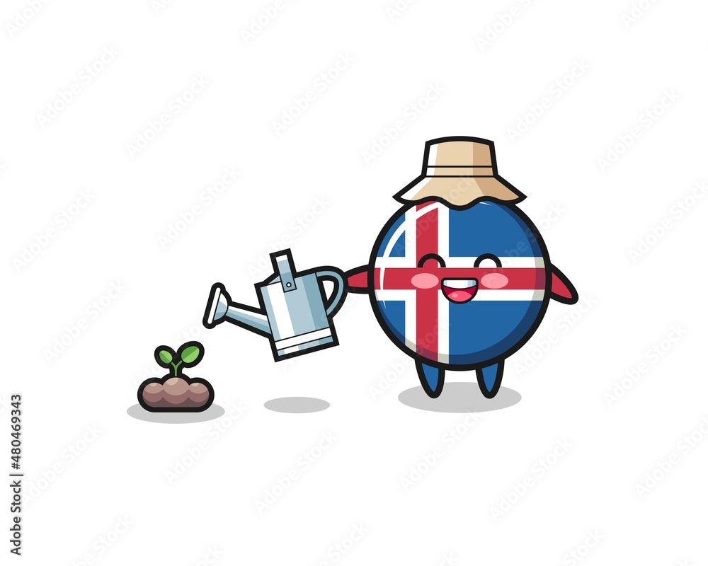 cute iceland flag is watering plant seeds cute iceland flag is watering plant seeds