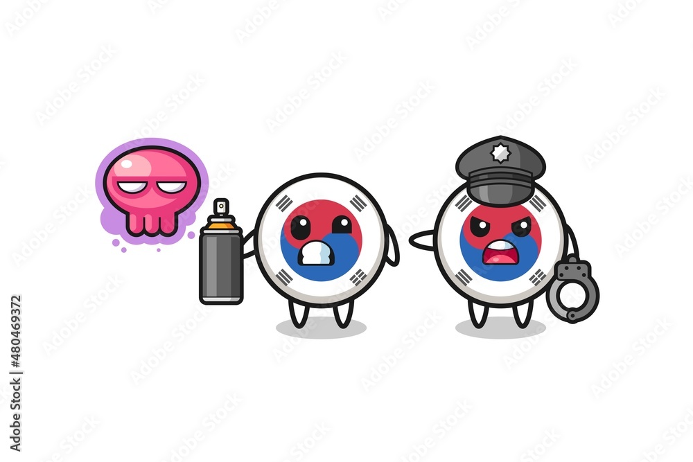 south korea flag cartoon doing vandalism and caught by the police