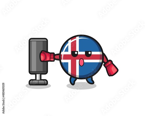 iceland flag boxer cartoon doing training with punching bag
