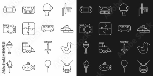 Set line Drum with drum sticks, Rubber duck, Toy building block bricks, Racket and ball, Puzzle pieces toy, Photo camera, Portable video game console and Bus icon. Vector