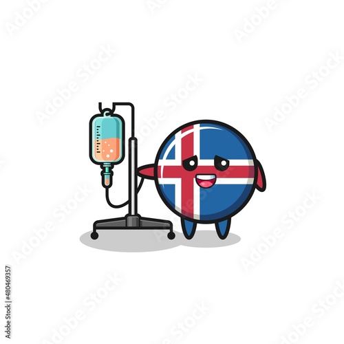 cute iceland flag character standing with infusion pole