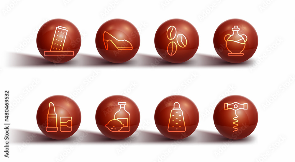 Set line Tower in Pisa, Lipstick, Bottle of olive oil, Grater, Limoncello bottle, Woman shoe, Wine corkscrew and Coffee beans icon. Vector Set line Tower in Pisa, Lipstick, Bottle of olive oil, Grater, Limoncello bottle, Woman shoe, Wine corkscrew and Coffee beans icon. Vector