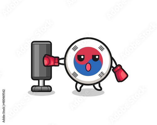 south korea flag boxer cartoon doing training with punching bag