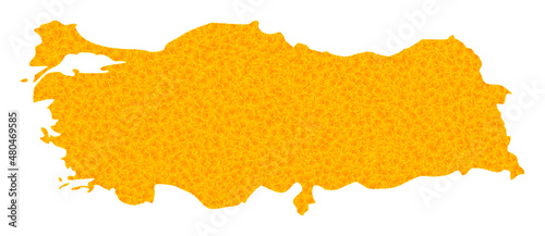 Vector Golden map of Turkey. Map of Turkey is isolated on a white background. Golden items pattern based on solid yellow map of Turkey.