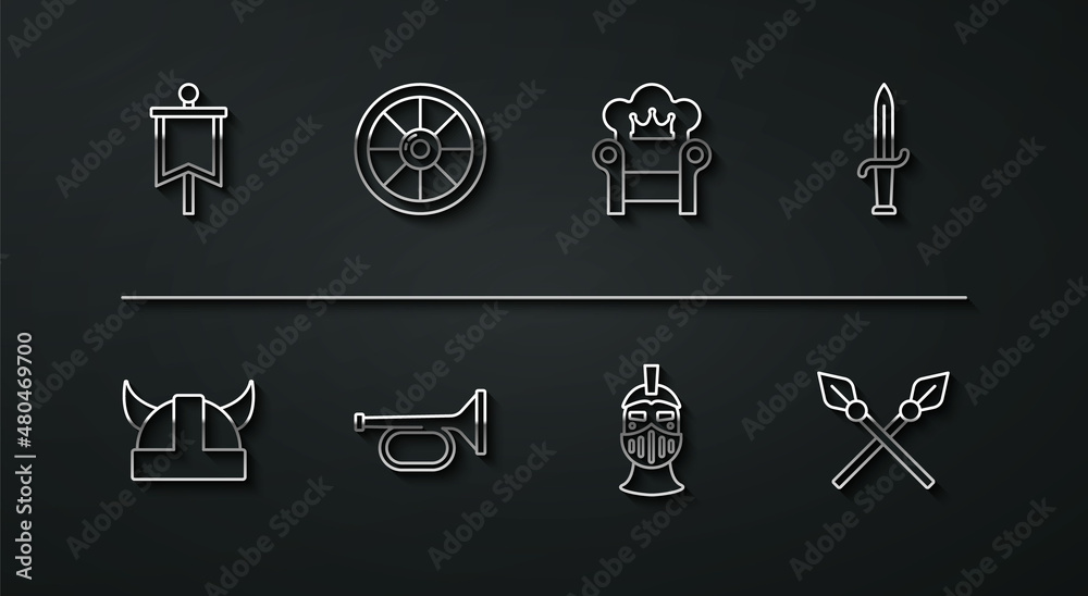 Set line Medieval flag, Viking in horned helmet, Dagger, iron, Trumpet, Round wooden shield, Crossed medieval spears and throne icon. Vector Set line Medieval flag, Viking in horned helmet, Dagger, iron, Trumpet, Round wooden shield, Crossed medieval spears and throne icon. Vector