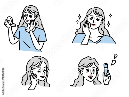お化粧をするイラスト(保湿、スキンケア、肌荒れ、美肌、コスメ、化粧水) An illustration of putting on makeup.Moisturizing, skin care, rough skin, beautiful skin, cosmetics, lotion.