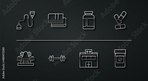Set line Chest expander, Metal rack with weights, Vitamin pill, Gym building, Barbell, Towel stack, Anabolic drugs and Sports nutrition icon. Vector