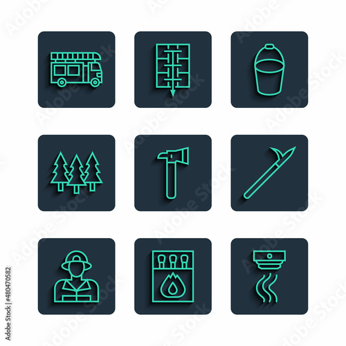 Set line Firefighter, Matchbox and matches, Smoke alarm system, bucket, axe, Forest, truck and Metal pike pole icon. Vector
