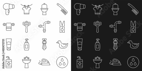 Set line Water drop, Rubber duck, Clothes pin, Toilet bowl, Shaving razor, Towel on hanger, Hair dryer and Industry metallic pipe icon. Vector