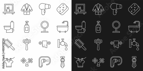 Set line Towel on a hanger, Water tap, Bathtub, Hair dryer, Bottle of liquid soap, Toilet bowl, Washbasin mirror and Round makeup icon. Vector