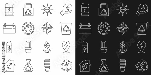 Set line Battery with recycle, Lightning bolt, Recycle bin, Solar energy panel, Power button, Car battery, Bio fuel barrel and Wind turbine icon. Vector