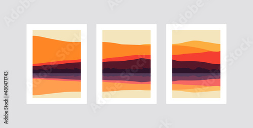 Wall art creative design. Set of minimalist hand painted illustrations of Mid century modern. Natural abstract landscape background. Mountain, forest, sky, and sun illustration. © Iwan