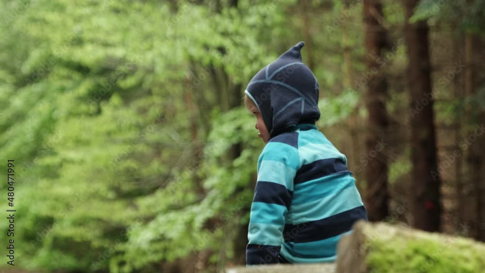 Young boys sitting on a log in the forest. He then turns around and looks into the camera. Shot on a tripod in slow motion Young boys sitting on a log in the forest. He then turns around and looks into the camera. Shot on a tripod in slow motion