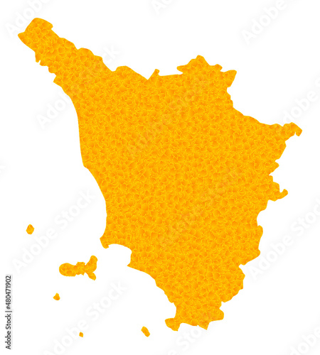 Vector Golden map of Tuscany region. Map of Tuscany region is isolated on a white background. Golden items pattern based on solid yellow map of Tuscany region.