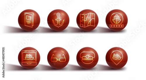 Set line Brochure, Cruise ship, Captain hat, Glasses, Anchor, Location with cruise and Folded map icon. Vector