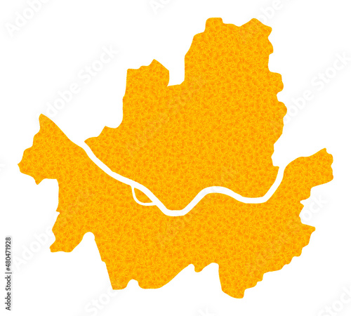 Vector Gold map of Seoul Municipality. Map of Seoul Municipality is isolated on a white background. Gold particles mosaic based on solid yellow map of Seoul Municipality.