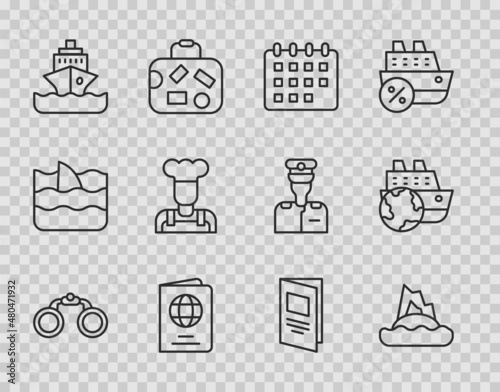 Set line Binoculars, Tropical island ocean, Calendar, Passport, Cruise ship, Cook, Brochure and icon. Vector