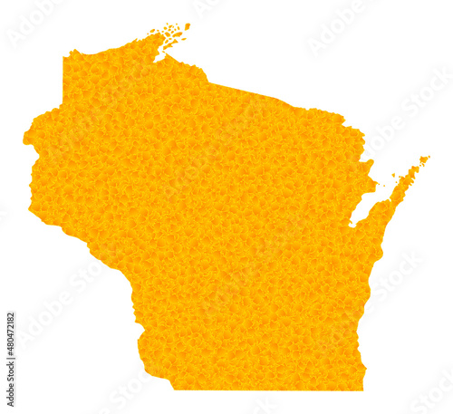 Vector Gold map of Wisconsin State. Map of Wisconsin State is isolated on a white background. Gold items mosaic based on solid yellow map of Wisconsin State.