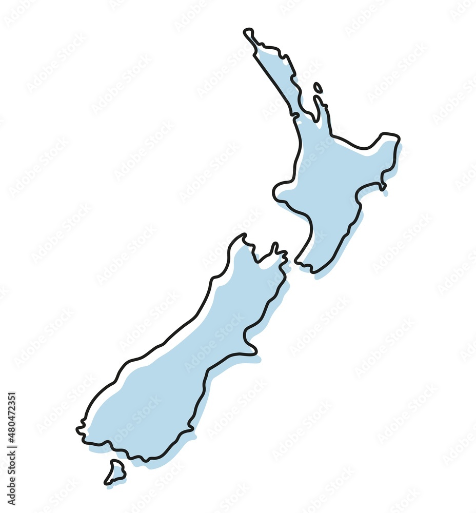 Stylized simple outline map of New Zealand icon. Blue sketch map of New