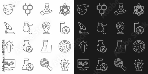 Set line Chemical explosion, Petri dish with bacteria, Test tube radiation, and flask, Microscope, and Radioactive in location icon. Vector