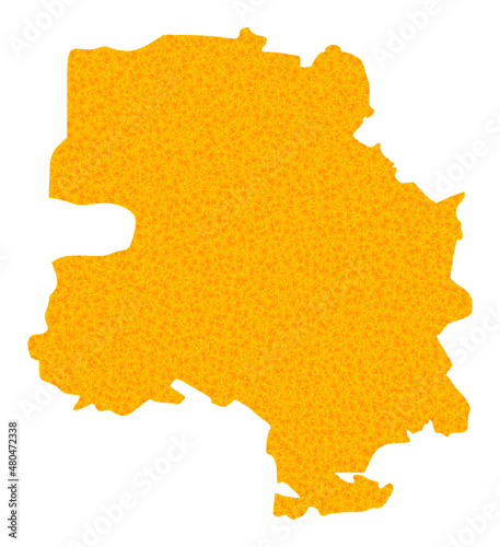 Vector Golden map of New Delhi City. Map of New Delhi City is isolated on a white background. Golden particles mosaic based on solid yellow map of New Delhi City.