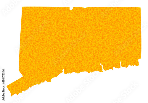 Vector Gold map of Connecticut State. Map of Connecticut State is isolated on a white background. Gold particles mosaic based on solid yellow map of Connecticut State.