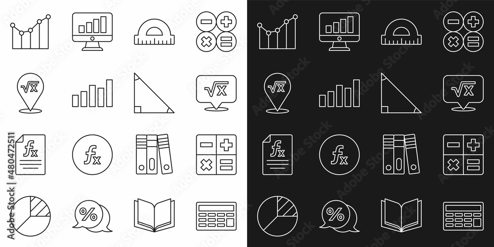 Set line Calculator, Square root of x glyph, Protractor, Graph, schedule, chart, diagram, and Triangle math icon. Vector Set line Calculator, Square root of x glyph, Protractor, Graph, schedule, chart, diagram, and Triangle math icon. Vector
