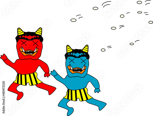 逃げる赤鬼と青鬼のイラスト