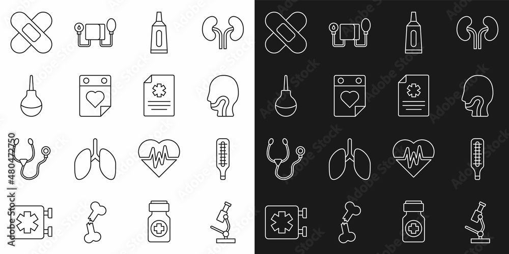 Set line Microscope, Medical thermometer, Sore throat, Ointment cream tube medicine, Doctor appointment, Enema, Crossed bandage plaster and Clinical record icon. Vector Set line Microscope, Medical thermometer, Sore throat, Ointment cream tube medicine, Doctor appointment, Enema, Crossed bandage plaster and Clinical record icon. Vector