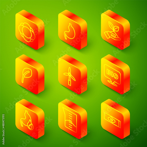 Set line Molecule, Human stomach, Plant in hand, Leaf or leaves, Wind turbine, Bio healthy food, Stomach heartburn and Laboratory glassware beaker icon. Vector