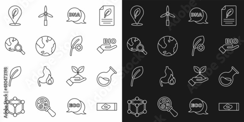 Set line Blood test and virus, Test tube flask, Bio healthy food, DNA symbol, Earth globe, Magnifying glass with, Location leaf and Leaf or leaves icon. Vector