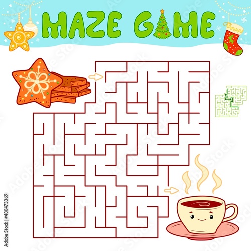 Christmas Maze puzzle game for children. Maze or labyrinth game with Christmas cookie.