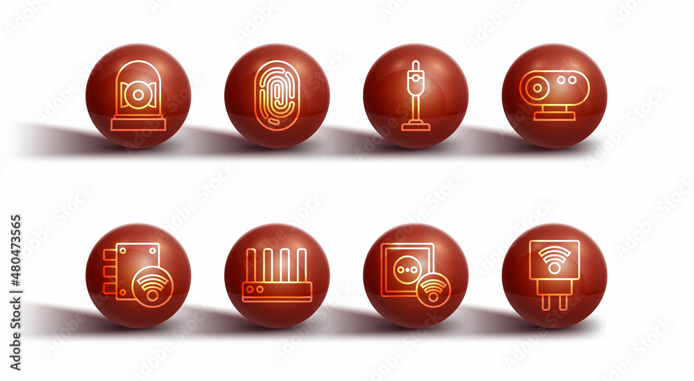 Set line Ringing alarm bell, Digital door lock, Web camera, Smart electrical outlet, Router and wi-fi signal, Fingerprint, plug and Vacuum cleaner icon. Vector Set line Ringing alarm bell, Digital door lock, Web camera, Smart electrical outlet, Router and wi-fi signal, Fingerprint, plug and Vacuum cleaner icon. Vector