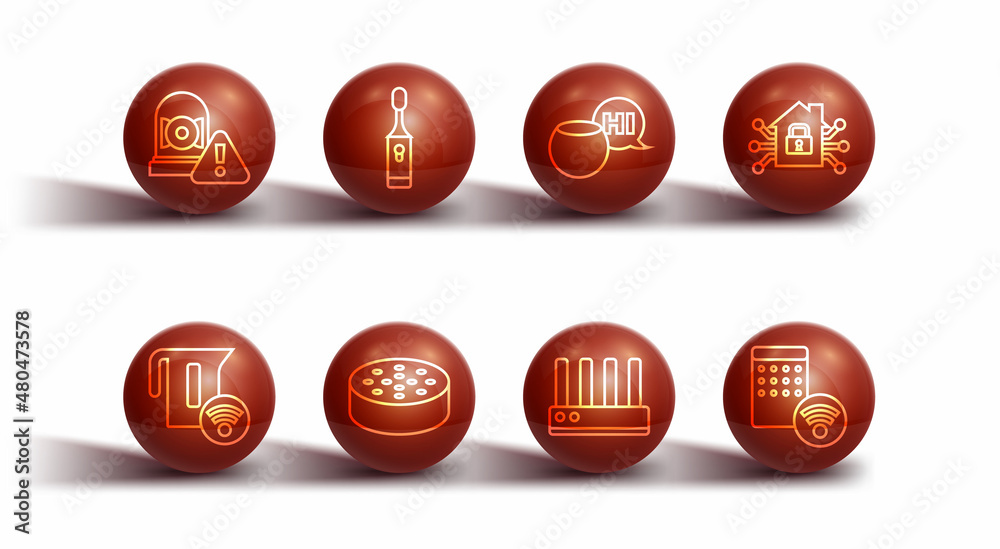 Set line Ringing alarm bell, Smart electric kettle, home, Router and wi-fi signal, Water sensor, Electric toothbrush, Air humidifier and Voice assistant icon. Vector Set line Ringing alarm bell, Smart electric kettle, home, Router and wi-fi signal, Water sensor, Electric toothbrush, Air humidifier and Voice assistant icon. Vector