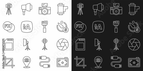 Set line Photo camera, Camera shutter, timer, with flash, Auto, fx, and Action icon. Vector