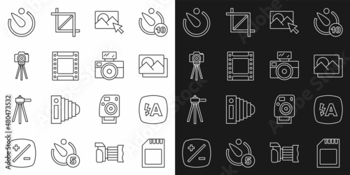 Set line SD card, Auto flash, Photo frame, retouching, Camera roll cartridge, camera, timer and with icon. Vector