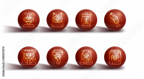 Set line Witch, Zombie finger, Tombstone with RIP written, Psilocybin mushroom, Owl bird, and Camping lantern icon. Vector