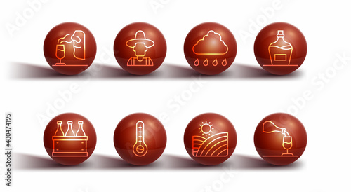 Set line Sommelier, Bottles of wine in box, Old bottle, Vineyard grapes, Meteorology thermometer, Farmer hat, Wine tasting, degustation and Cloud with rain icon. Vector