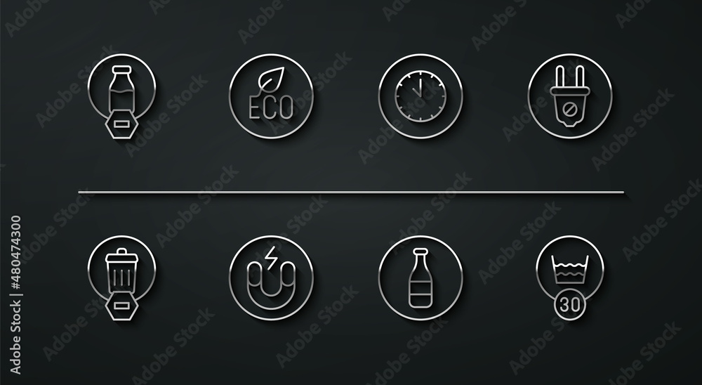 Set line Lactose free, Trash can, Electric plug, Bottle, Magnet, Leaf Eco symbol, Temperature wash and Clock icon. Vector