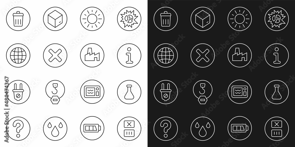 Set line Temperature wash, Test tube and flask, Information, Sun, X Mark, Cross in circle, Social network, Trash can and Factory production icon. Vector Set line Temperature wash, Test tube and flask, Information, Sun, X Mark, Cross in circle, Social network, Trash can and Factory production icon. Vector