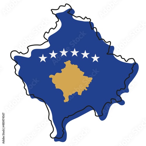 Stylized outline map of Kosovo with national flag icon. Flag color map of Kosovo  illustration.