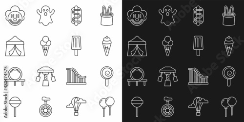 Set line Balloons with ribbon, Lollipop, Ice cream in waffle cone, Hotdog sandwich, Circus tent, Clown head and icon. Vector