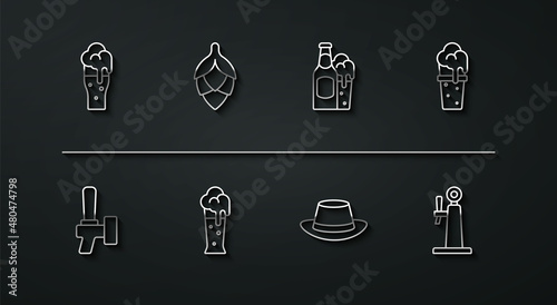 Set line Glass of beer, Beer tap, Oktoberfest hat, Hop, and bottle and glass icon. Vector